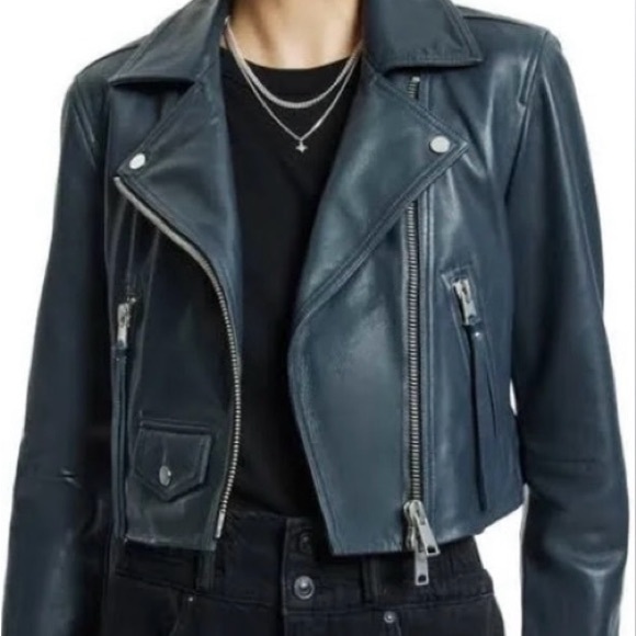 All Saints Leather Elora Crop Biker Jacket (Size 8) NWT - Picture 1 of 16